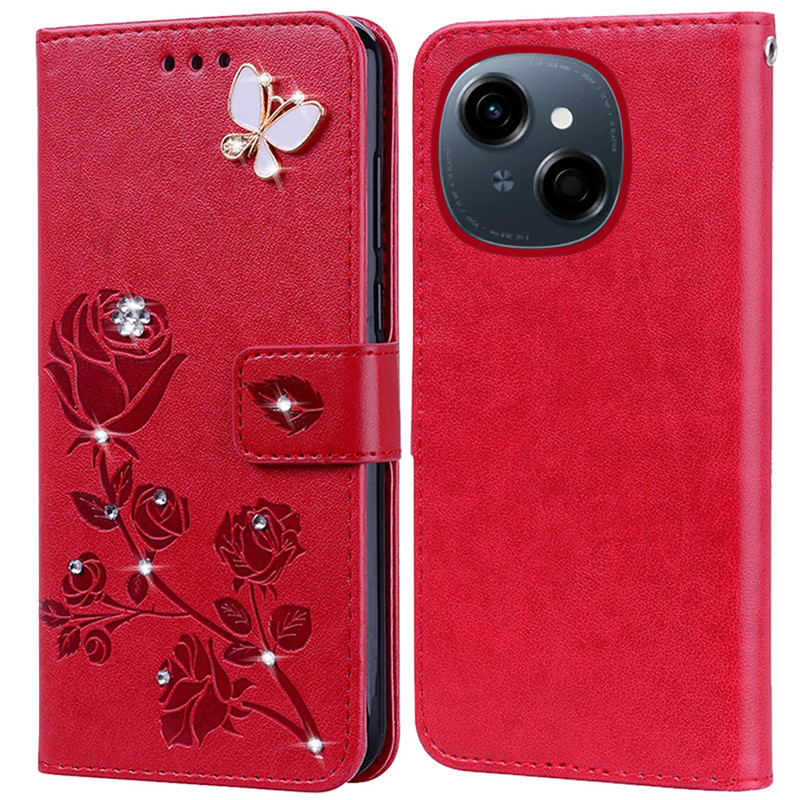 Kim Cương Dập Nổi In Hoa Hồng Ốp Lưng Điện Thoại Tecno Spark Go 1S 1 Sách Da Full Silicone Cover