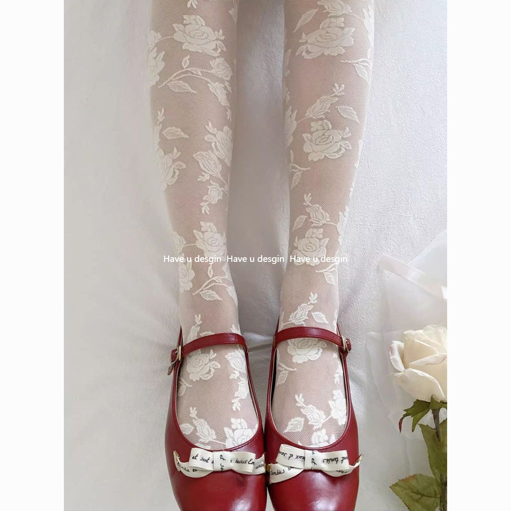 Have u desgin Hoa Hồng Họa Tiết Vớ Trắng Nguyên Chất Desire Phong Cách Ren Jacquard Ngọt Ngào Pháp Mùa Hè Siêu Mỏng Trong Suốt Thịt Chân Đẹp Quần Nữ