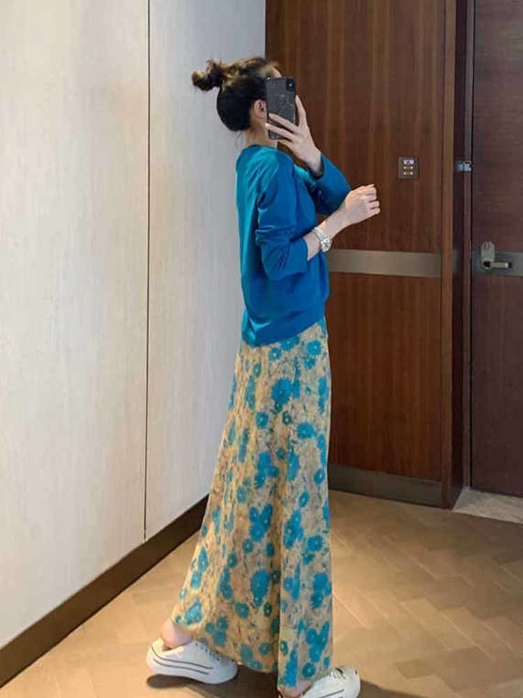 Lan ~ Mùa Hè Phong Cách Mới Kỳ Nghỉ Phong Cách Tính Khí Cao Cấp Cảm Giác Hoa Xanh Eo Co Giãn Kích Thước Lớn Váy Dài Nữ Hợp Thời Trang