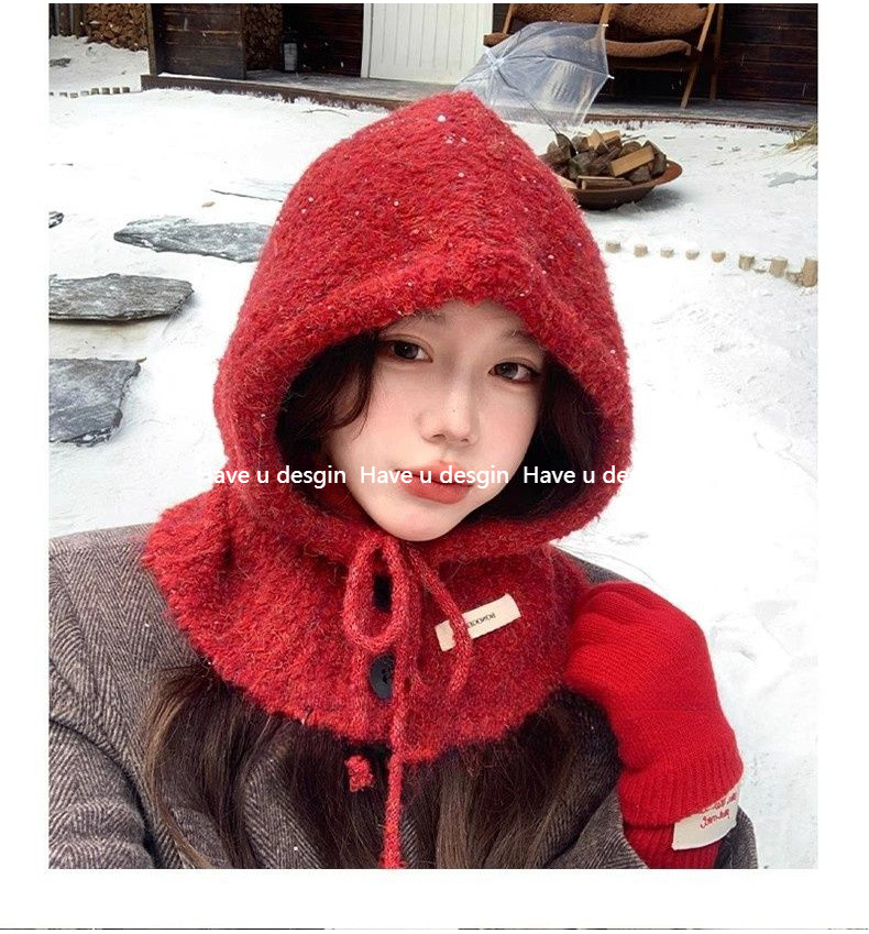 Have u desgin Đỏ Balakrafa Mũ Nữ Thu Đông Ấm Áo Chui Đầu Bảo Vệ Tai Dệt Kim Cashmere Len Mũ Yếm Một Mảnh
