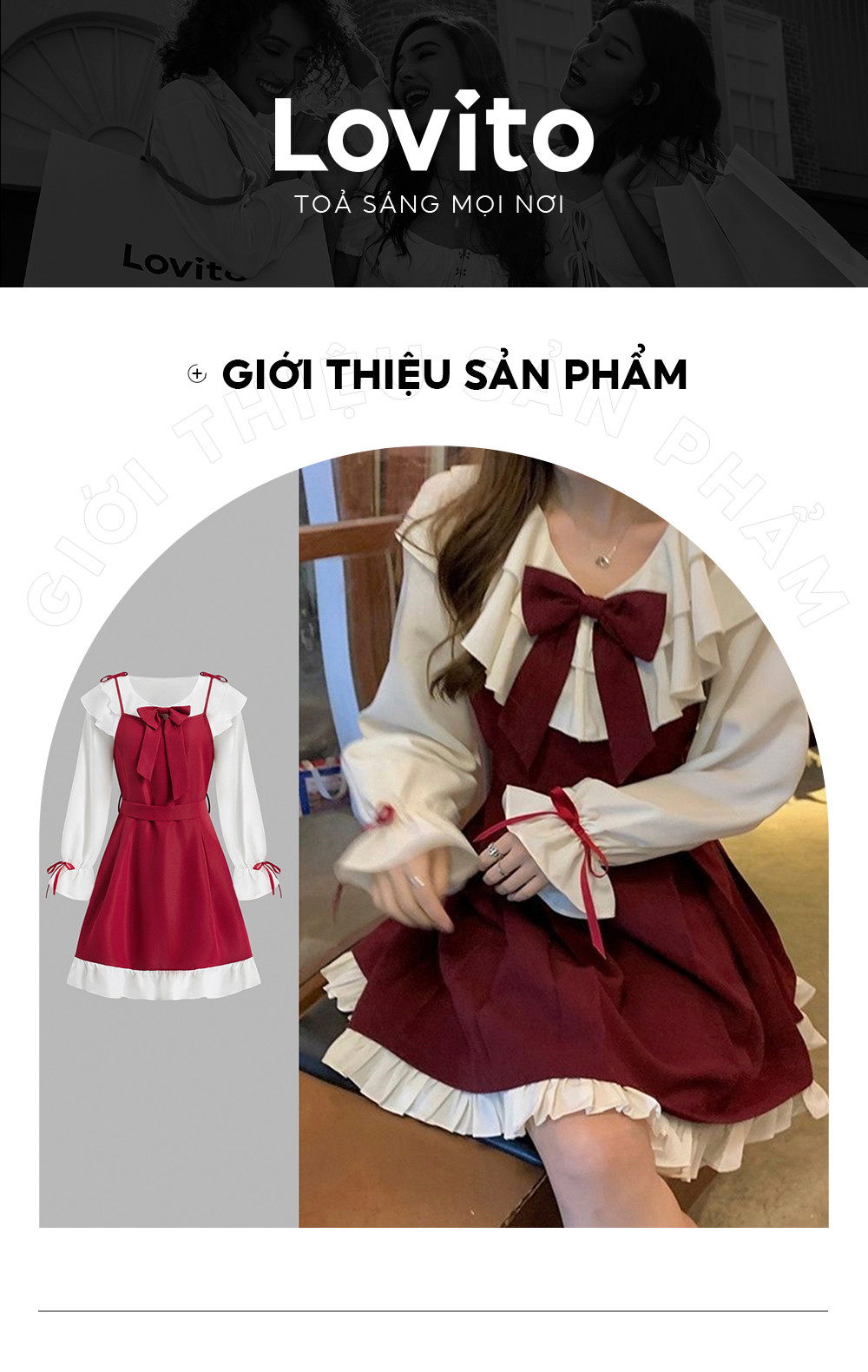 Mô tả Đầm chữ A Lovito chắp vá thắt nơ viền nhún bèo phong cách dự tiệc Giáng sinh dễ thương cho nữ LNA43050 - 2