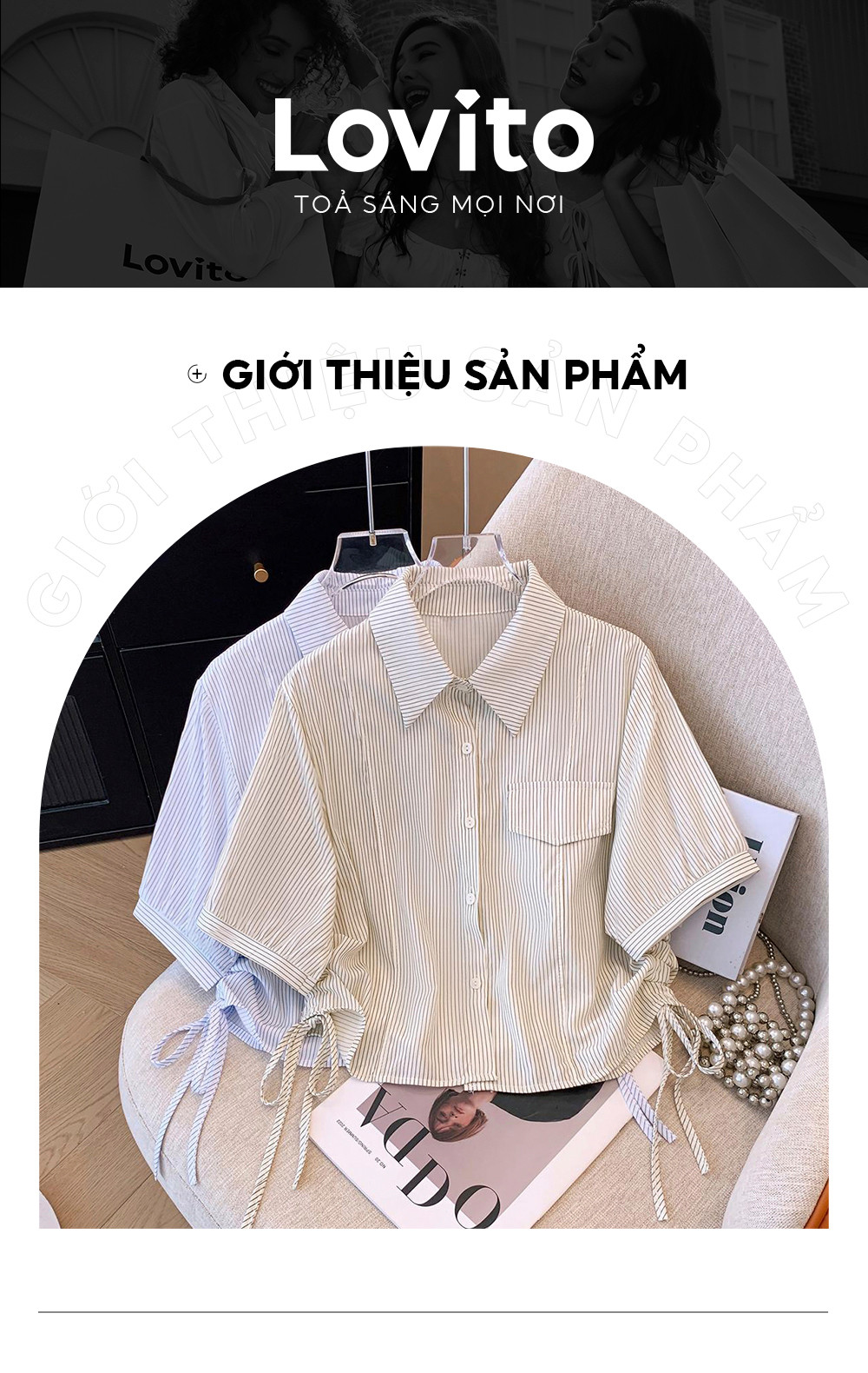 Mô tả Áo kiểu Lovito họa tiết sọc có dây rút phong cách thường ngày cho nữ LNE65192 - 2