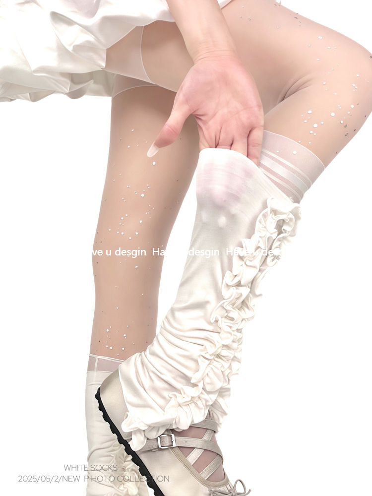 Have u desgin Ren Trắng Xếp Ly Bê Tất Nữ Phong Cách Ba Lê lolita Chân Bao Ngọt Cọc Tất Bao