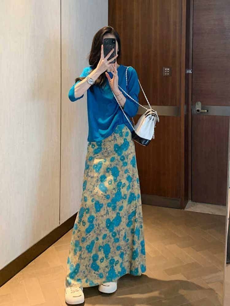 Lan ~ Mùa Hè Phong Cách Mới Kỳ Nghỉ Phong Cách Tính Khí Cao Cấp Cảm Giác Hoa Xanh Eo Co Giãn Kích Thước Lớn Váy Dài Nữ Hợp Thời Trang