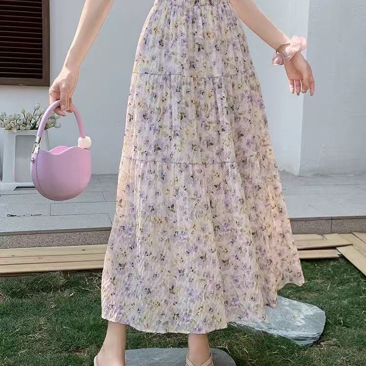 Lan ~ Váy Hoa Nữ Mùa Hè Mỏng Eo Cao Mỏng Hơn Nhìn Co Giãn Eo Xếp Ly Váy Drape a-Line Tất Cả Trận Đấu Trượt Tuyết Giữa Chiều Dài