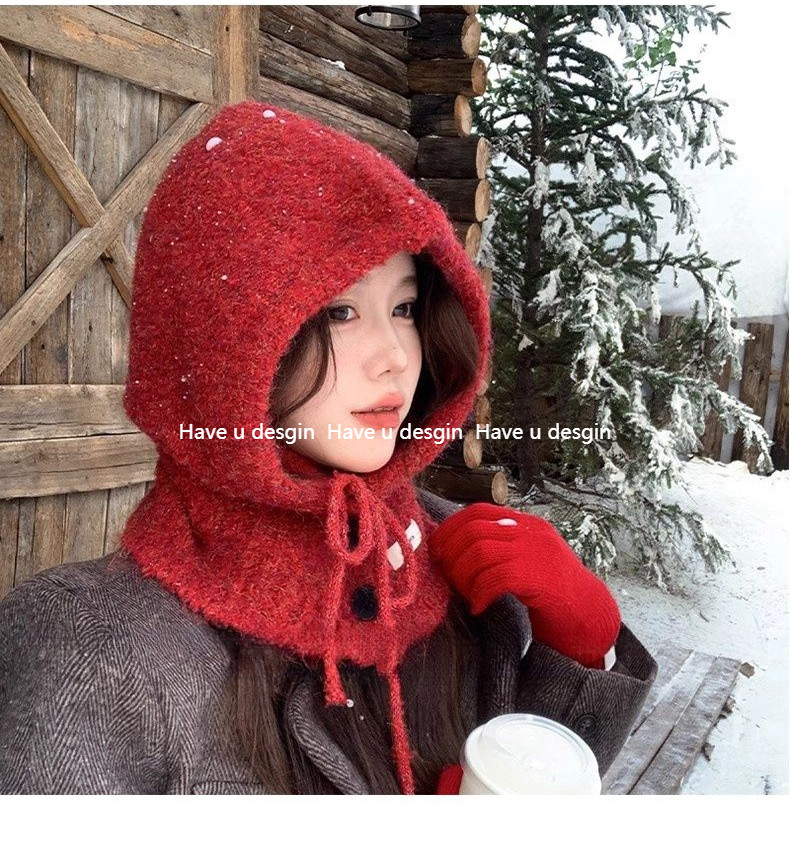 Have u desgin Đỏ Balakrafa Mũ Nữ Thu Đông Ấm Áo Chui Đầu Bảo Vệ Tai Dệt Kim Cashmere Len Mũ Yếm Một Mảnh