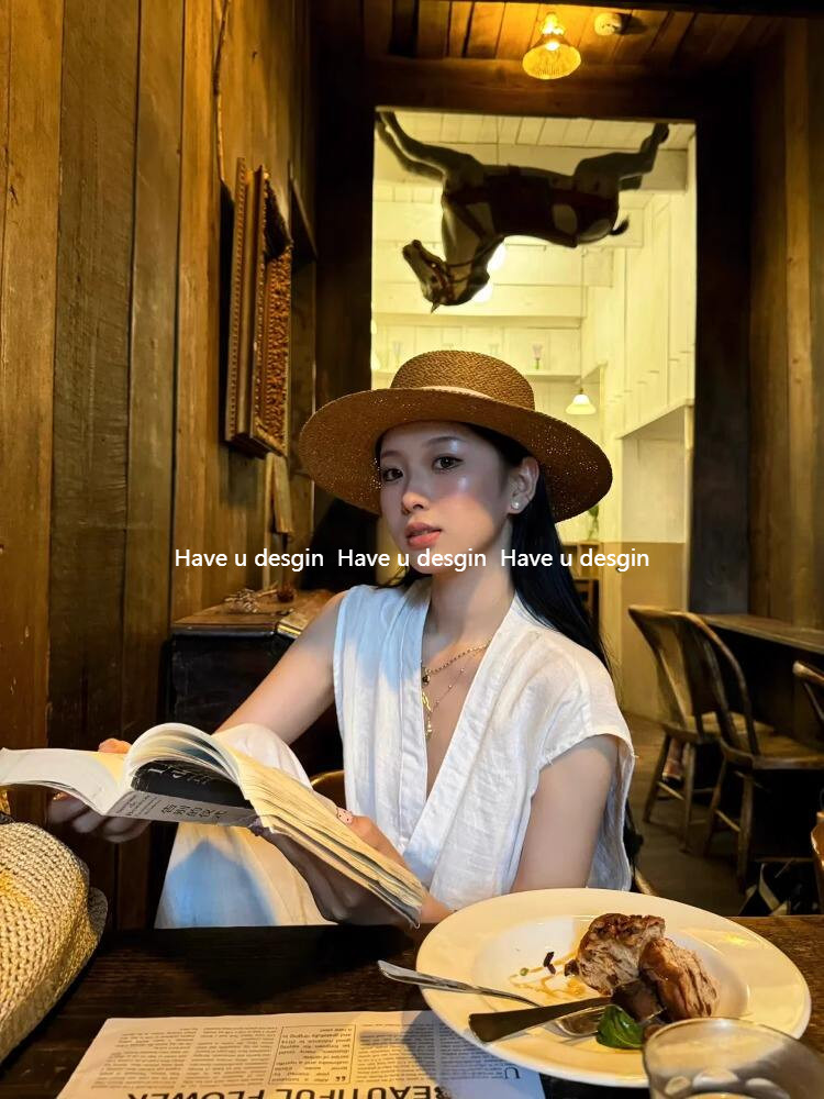 Have u desgin Old Money Style Retro Flat Top Mũ Rơm Nữ Mùa Hè Đi Biển Kỳ Nghỉ Mũ Chống Nắng Phong Cách Anh Ống Hút Che Nắng Top Hat