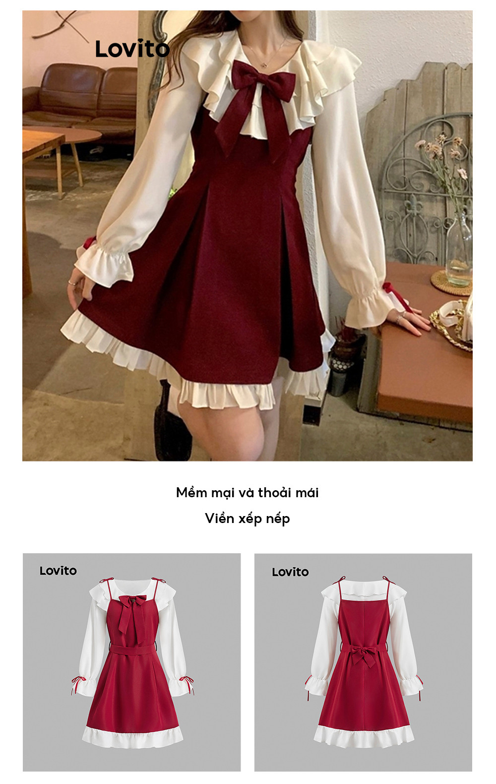 Mô tả Đầm chữ A Lovito chắp vá thắt nơ viền nhún bèo phong cách dự tiệc Giáng sinh dễ thương cho nữ LNA43050 - 3