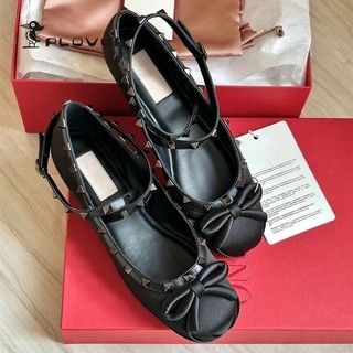 Đinh Tán Satin Giày Ballet Nữ Bên Ngoài Mặc Giày Đế Bằng Mũi Tròn Chữ Thập Dây Đeo Nơ Giày Nữ