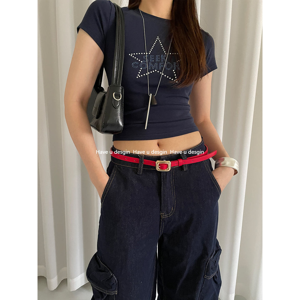 Have u desgin American Retro y2k Đai Đỏ Thiết Kế Nữ Họa Tiết Cá Sấu Váy Quần Jean Phụ Kiện Đơn Giản Cao Cấp Thắt Lưng