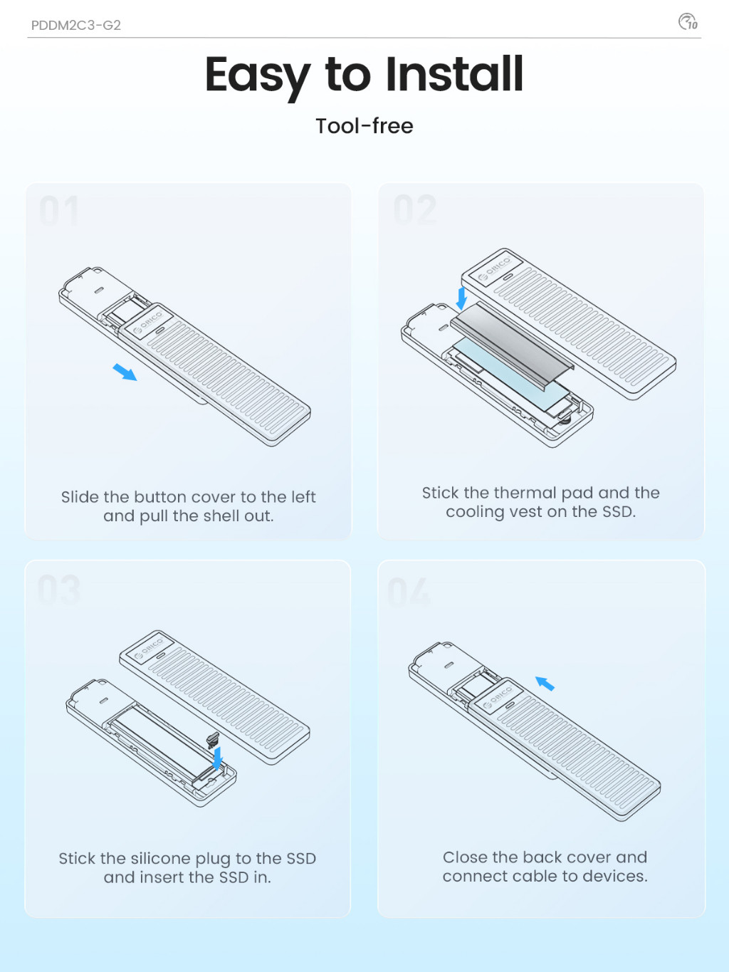 Mô tả Hộp đựng SSD ORICO M.2 NVMe 10Gbps USB 3.2 Gen2 M2 Thiết kế đơn giản cho NVMe SATA Hỗ trợ không cần dụng cụ UASP (PDDM2C3) - 9