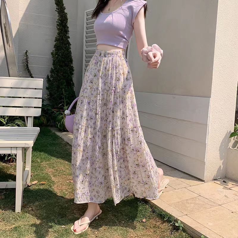 Lan ~ Váy Hoa Nữ Mùa Hè Mỏng Eo Cao Mỏng Hơn Nhìn Co Giãn Eo Xếp Ly Váy Drape a-Line Tất Cả Trận Đấu Trượt Tuyết Giữa Chiều Dài