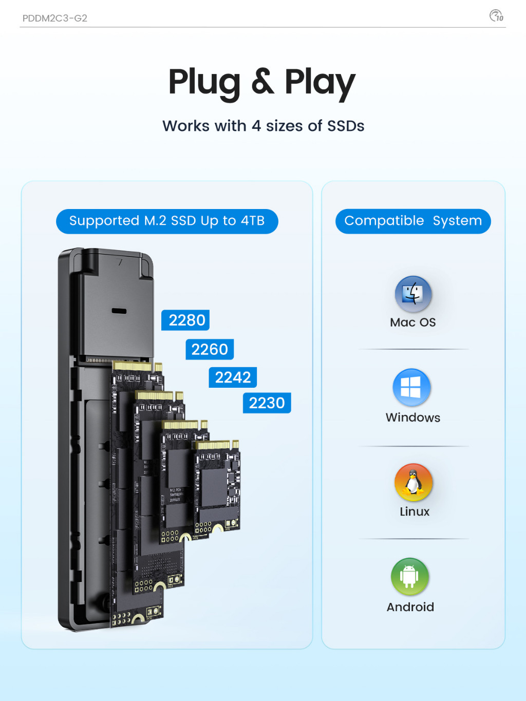 Mô tả Hộp đựng SSD ORICO M.2 NVMe 10Gbps USB 3.2 Gen2 M2 Thiết kế đơn giản cho NVMe SATA Hỗ trợ không cần dụng cụ UASP (PDDM2C3) - 8