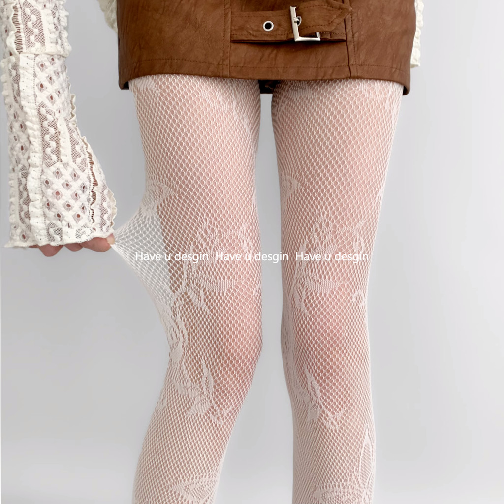 Have u desgin jk Mùa Hè Ren Bướm Jacquard Trắng Mỏng Phong Cách Jumpsuit Fishnet Vớ ins Hot Girl Gợi Cảm Mỏng Hơn Nhìn Vớ