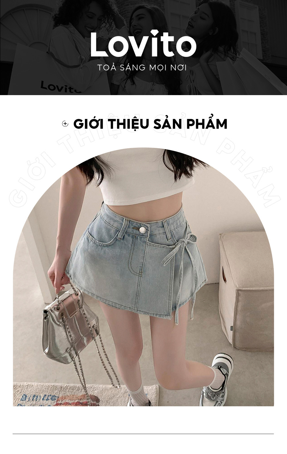 Mô tả Quần short Lovito vải denim bất đối xứng màu trơn thời trang thường ngày cho nữ LNE66508 - 2