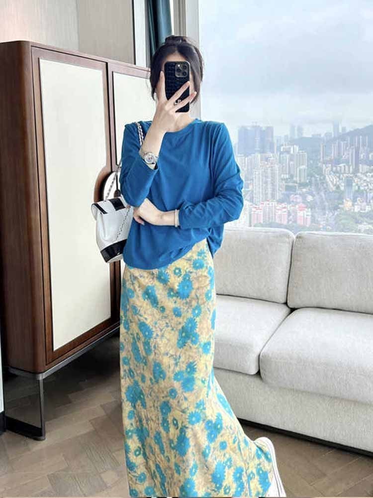 Lan ~ Mùa Hè Phong Cách Mới Kỳ Nghỉ Phong Cách Tính Khí Cao Cấp Cảm Giác Hoa Xanh Eo Co Giãn Kích Thước Lớn Váy Dài Nữ Hợp Thời Trang