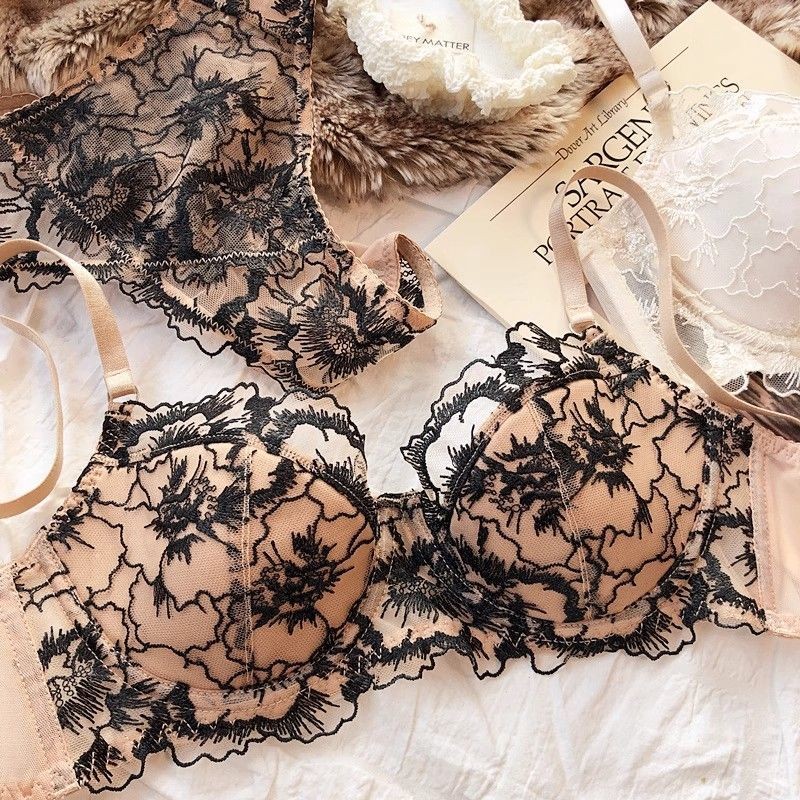 Pháp Gợi Cảm Thêu Ren Lớn Ngực Nhìn Nhỏ Thép Mềm Vòng Push-Up Áo Ngực Thiết Lập Nhẹ Đồ Lót Sang Trọng Mỏng
