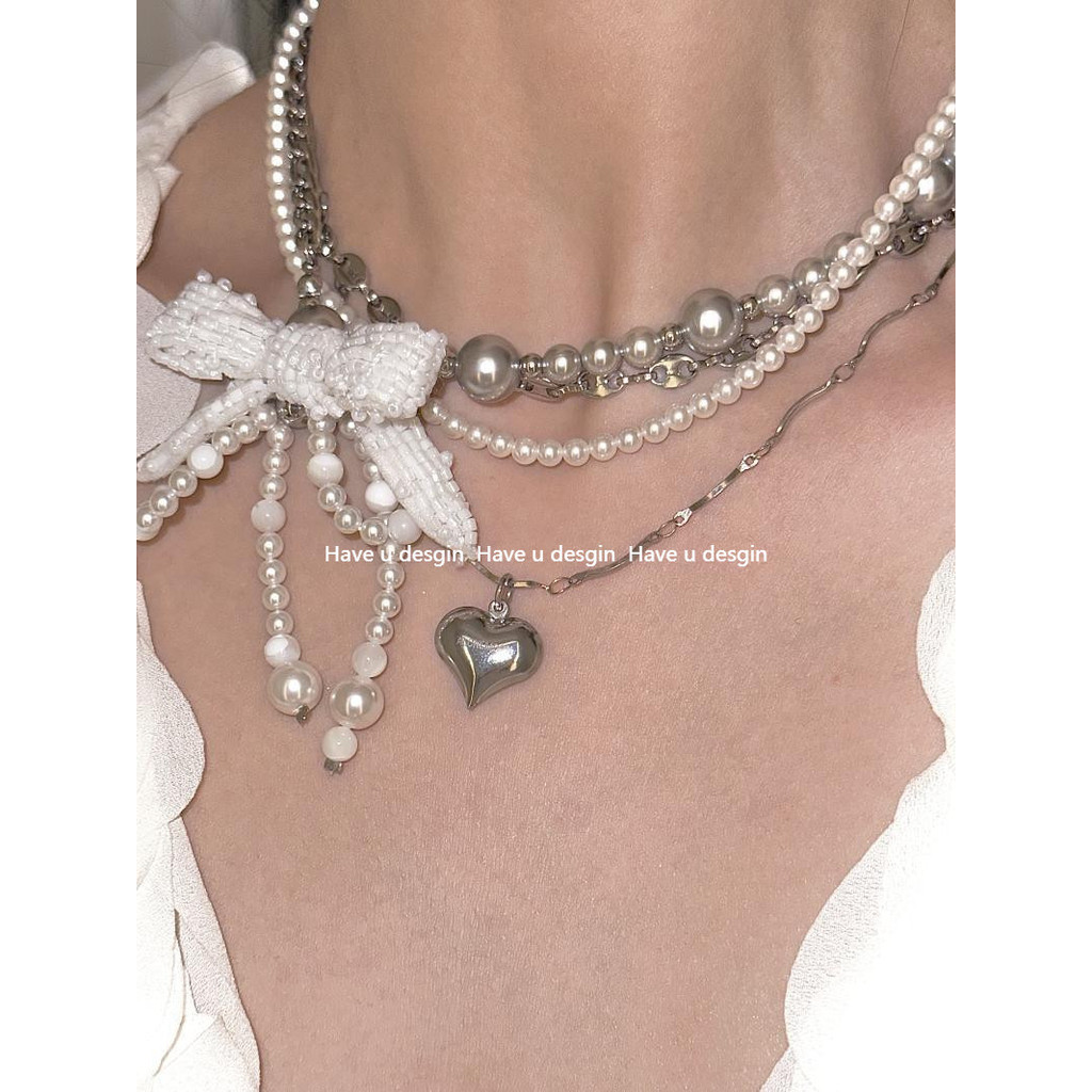 Have u desgin 2024 Phong Cách Mới Thiết Kế Ban Đầu Vòng Cổ Ngọc Trai Nơ Công Nghiệp Nặng choker Nhiều Lớp