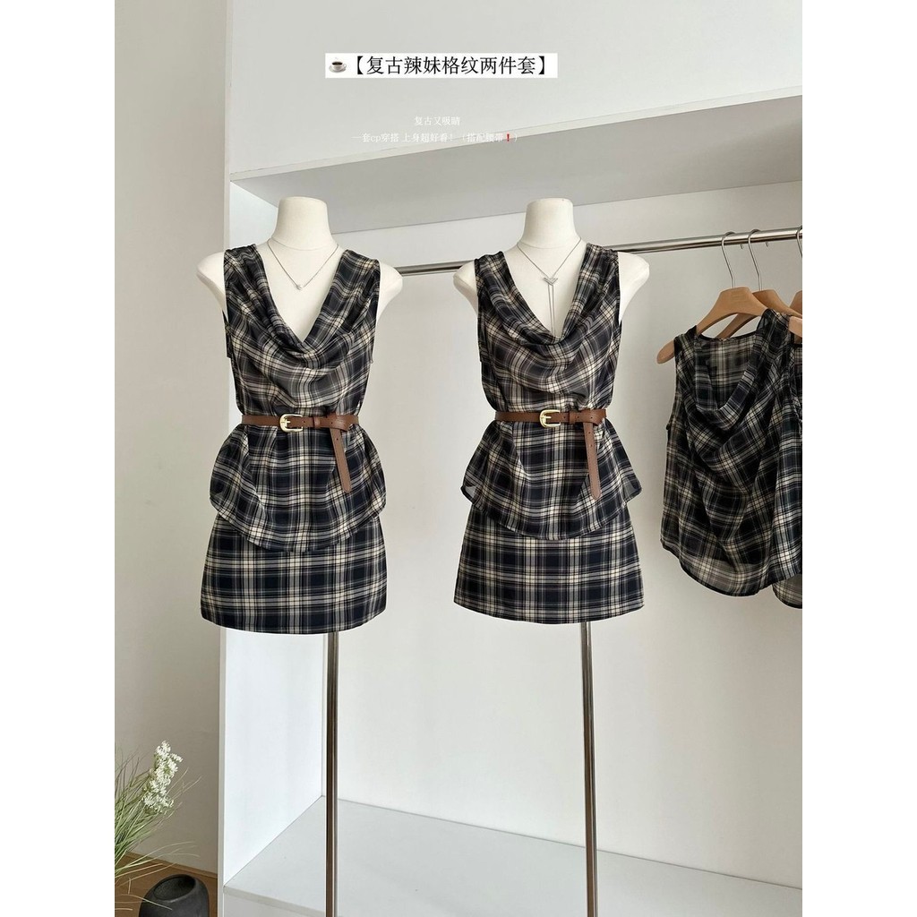 Lan ~ Lazy Hot Girl Retro Phù Hợp Với Kẻ Sọc Xoay Cổ Voan Camisole Nữ Mùa Hè Eo Cao Váy Ngắn Nhỏ Hai Mảnh Phù Hợp Với