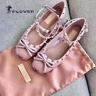 Đinh Tán Satin Giày Ballet Nữ Bên Ngoài Mặc Giày Đế Bằng Mũi Tròn Chữ Thập Dây Đeo Nơ Giày Nữ
