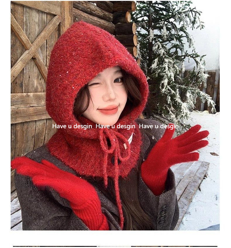 Have u desgin Đỏ Balakrafa Mũ Nữ Thu Đông Ấm Áo Chui Đầu Bảo Vệ Tai Dệt Kim Cashmere Len Mũ Yếm Một Mảnh