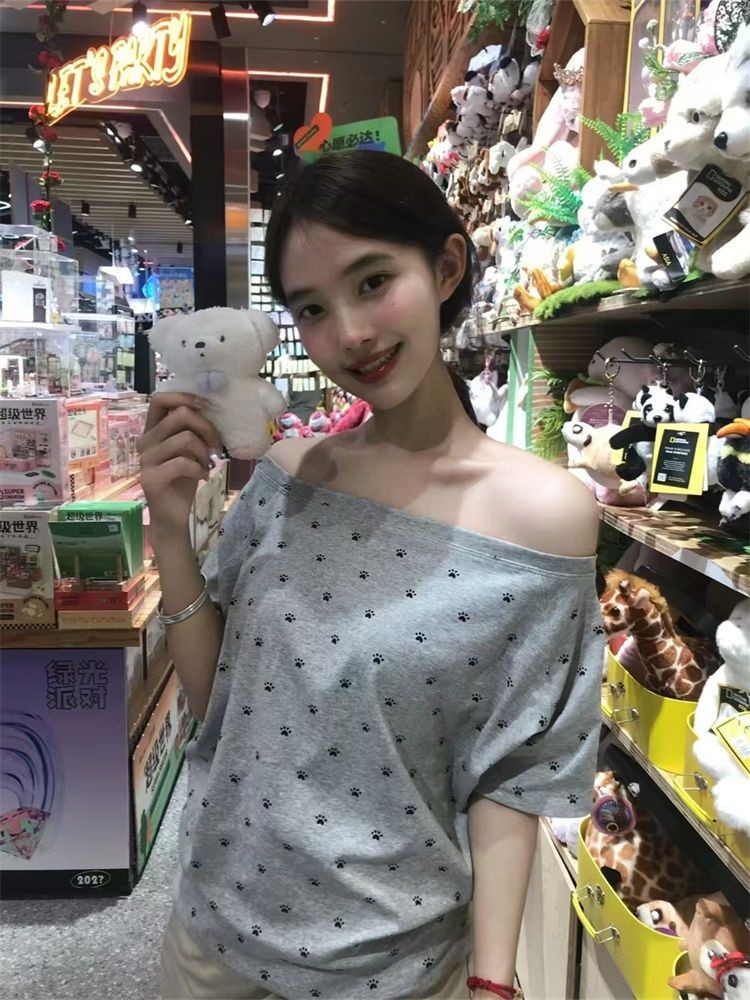 Lan ~ Quốc Gia Hợp Thời Trang Mùa Hè Rời Phù Hợp Với Phong Cách Mới Lười Thường Ngày Pure Desire Hot Girl Màu Xám Cổ Áo chéo In Hình Vai Ngắn Tay T @