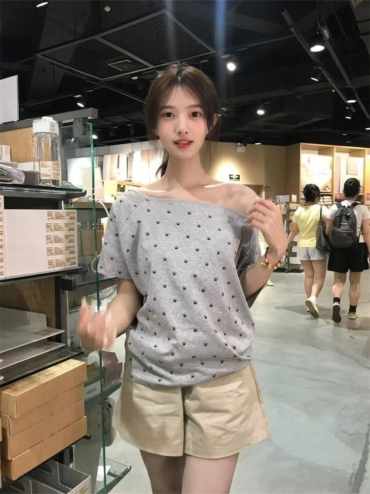 Lan ~ Quốc Gia Hợp Thời Trang Mùa Hè Rời Phù Hợp Với Phong Cách Mới Lười Thường Ngày Pure Desire Hot Girl Màu Xám Cổ Áo chéo In Hình Vai Ngắn Tay T @