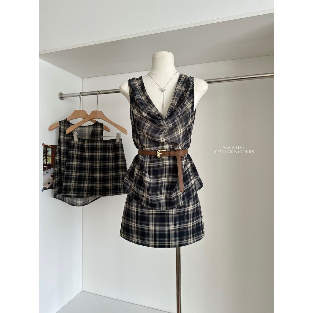 Lan ~ Lazy Hot Girl Retro Phù Hợp Với Kẻ Sọc Xoay Cổ Voan Camisole Nữ Mùa Hè Eo Cao Váy Ngắn Nhỏ Hai Mảnh Phù Hợp Với