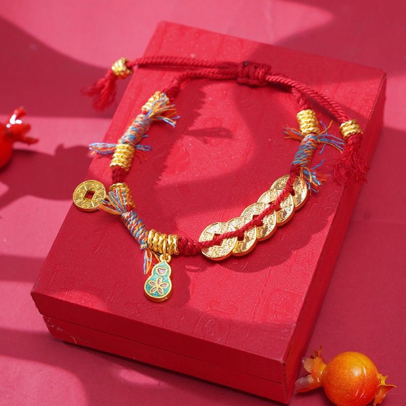 Mới Phong Cách Trung Quốc Tấm Đồng Xu Vòng Tay Dệt Tay Benming Năm Chuyển Dây Đỏ Vòng Tay Văn Hóa Sáng Tạo Trang Sức