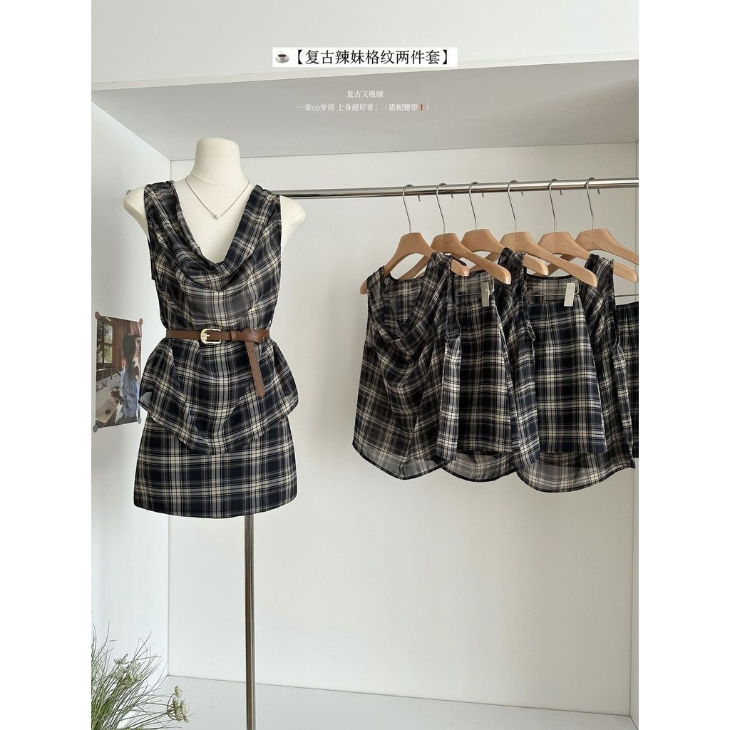 Lan ~ Lazy Hot Girl Retro Phù Hợp Với Kẻ Sọc Xoay Cổ Voan Camisole Nữ Mùa Hè Eo Cao Váy Ngắn Nhỏ Hai Mảnh Phù Hợp Với