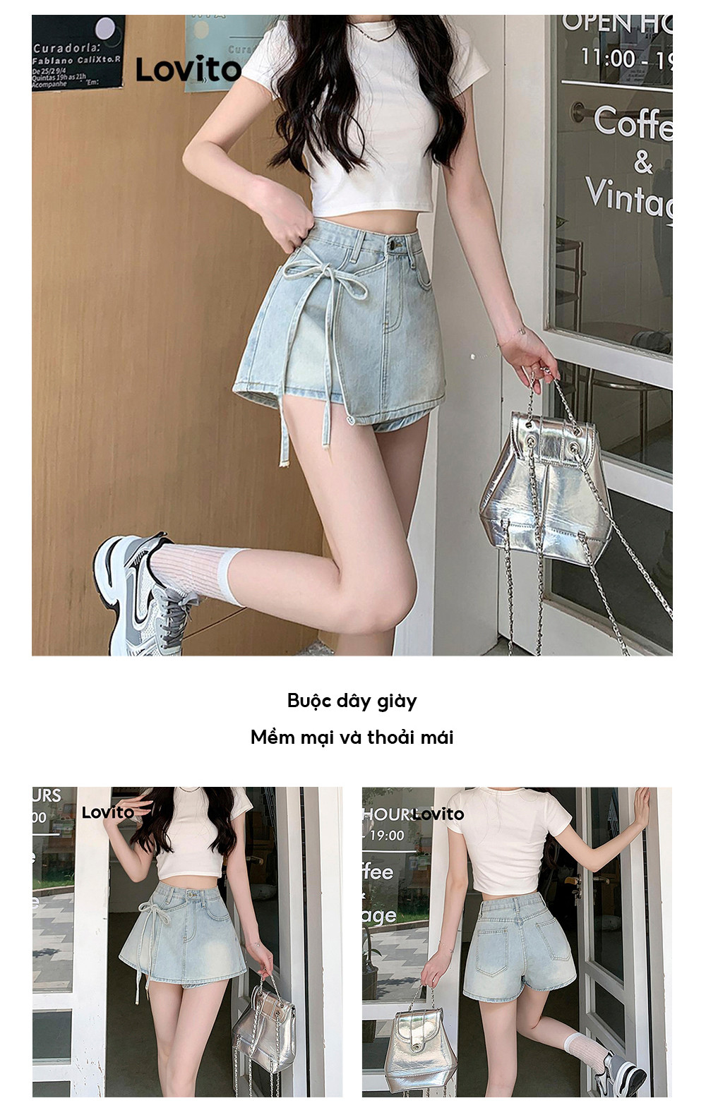Mô tả Quần short Lovito vải denim bất đối xứng màu trơn thời trang thường ngày cho nữ LNE66508 - 3