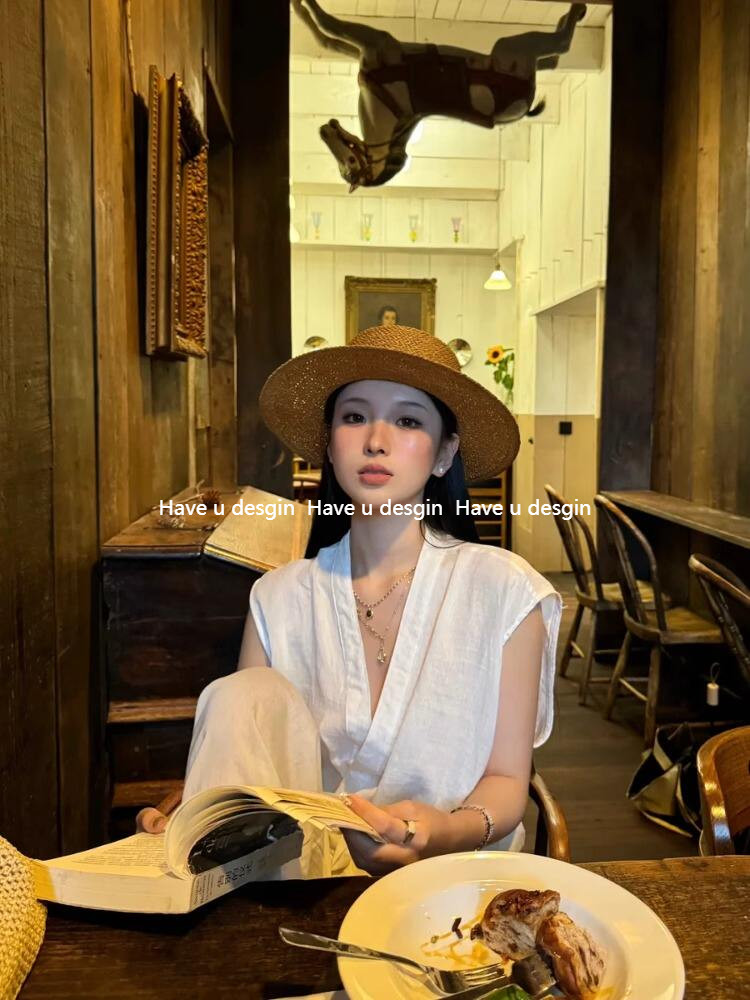 Have u desgin Old Money Style Retro Flat Top Mũ Rơm Nữ Mùa Hè Đi Biển Kỳ Nghỉ Mũ Chống Nắng Phong Cách Anh Ống Hút Che Nắng Top Hat