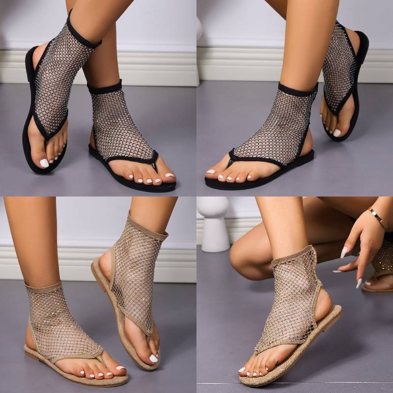 Dép Nữ Mùa Xuân Hè Ngoài Trời Flat Kim Cương Giả Lưới Câu Cá Thời Trang Đơn Giản