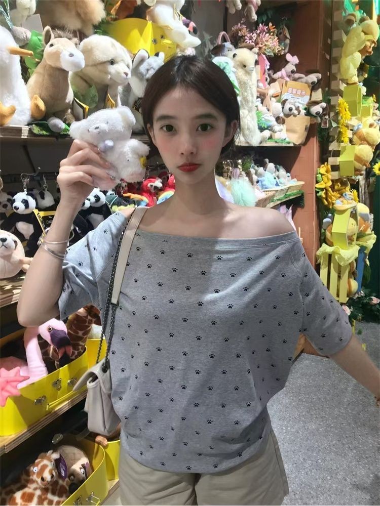 Lan ~ Quốc Gia Hợp Thời Trang Mùa Hè Rời Phù Hợp Với Phong Cách Mới Lười Thường Ngày Pure Desire Hot Girl Màu Xám Cổ Áo chéo In Hình Vai Ngắn Tay T @