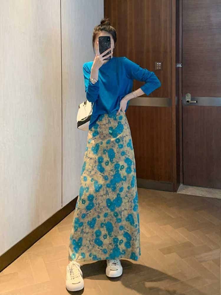 Lan ~ Mùa Hè Phong Cách Mới Kỳ Nghỉ Phong Cách Tính Khí Cao Cấp Cảm Giác Hoa Xanh Eo Co Giãn Kích Thước Lớn Váy Dài Nữ Hợp Thời Trang