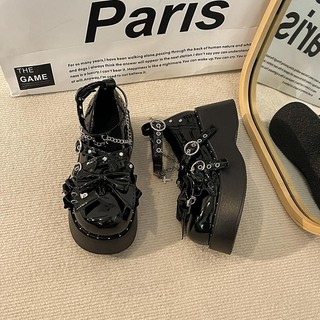 Gothic Giày Trái Tim Còng Chính Hãng lolita Giày Ngọt Mát Nóng Cô Gái y2k Văn Hóa Châu Á Punk Đen Đậm Giày Nền Tảng