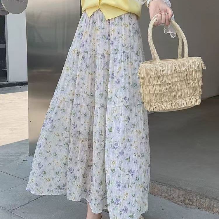 Lan ~ Váy Hoa Nữ Mùa Hè Mỏng Eo Cao Mỏng Hơn Nhìn Co Giãn Eo Xếp Ly Váy Drape a-Line Tất Cả Trận Đấu Trượt Tuyết Giữa Chiều Dài