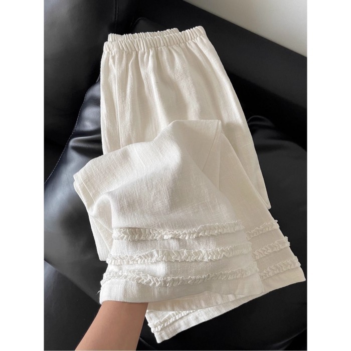 Quần ống rộng ren nấm mùa hè kiểu Hàn Quốc dành cho nữ Quần ống rộng vải lanh chín điểm lưng