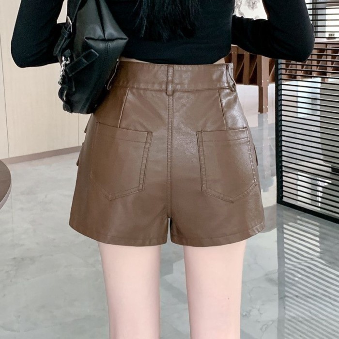 Quần Áo Bảo Hộ Lao Động Da PU Quần Short Nữ Thu Đông Mới Cao Cấp Ôm Đa Năng Chữ A Thường Quần Ốn