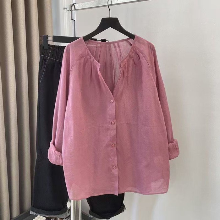Áo sơ mi cotton và vải lanh nữ dài tay mùa hè mới cao cấp cổ tròn áo sơ mi màu xám nhẹ chống