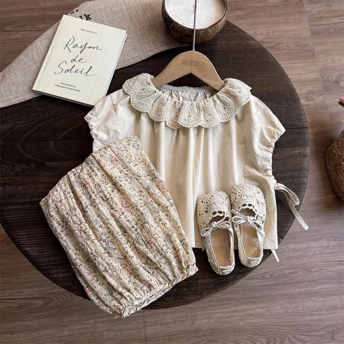 Bộ đồ hai mảnh bé gái mới, áo thun ngắn tay + quần dài hoa, bộ đồ Mori thời trang chống muỗi cho