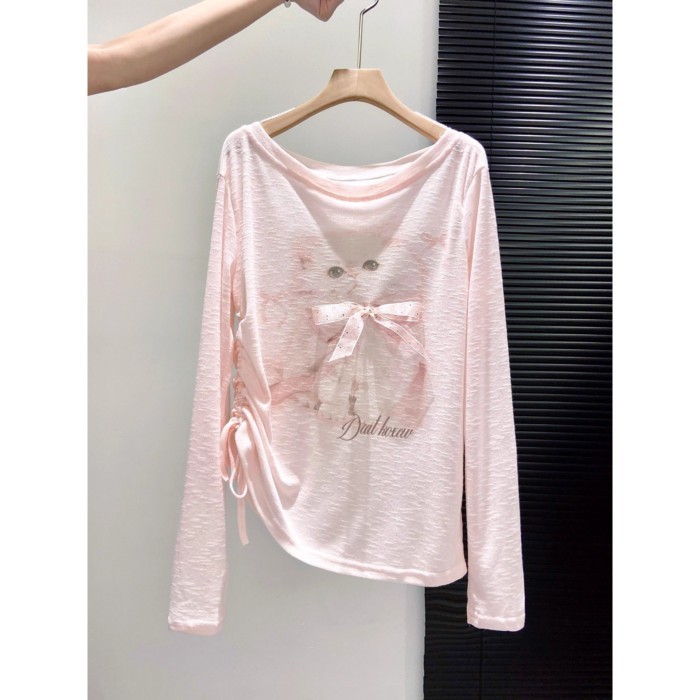 Áo thun tay dài in hình mèo dễ thương dành cho nữ thiết kế xếp ly áo chống nắng slim fit top
