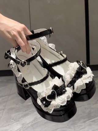 Puff Ren Gothic Giày Ngọt Nơ Ren Dễ Thương Mary Jane Phong Cách Pháp lo Giày Cao Gót