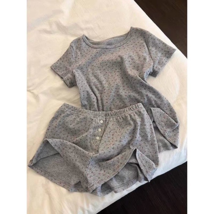 Retro Họa Tiết Hoa Cổ Tròn Bộ Đồ Ngủ Nữ Phong Cách Hàn Quốc Giày Mỏng Thoải Mái Ở Nhà Quần Áo