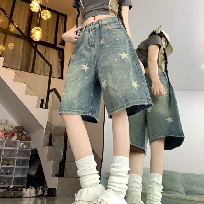 Quần short denim hình ngôi sao đau khổ theo phong cách retro Mỹ 5 điểm đường phố dành cho nữ Quầ