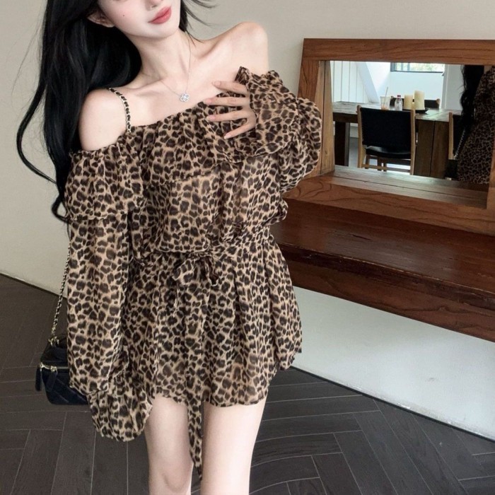 Váy xòe một vai họa tiết da báo dành cho nữ, áo dây buộc eo, váy ngắn to đẹp