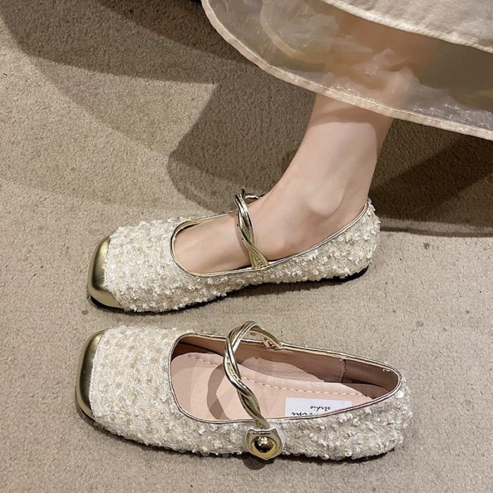 Giày Mary Jane đính sequin nhỏ thơm thơm nữ giày bệt kiểu Pháp giày nhẹ nhàng miệng nông