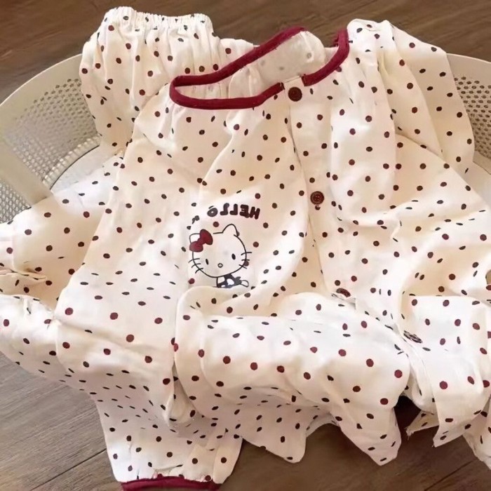 Quần Áo Mặc Ở Nhà Cho Bé Gái Và Trẻ Em Bộ Điều Hòa Không Khí Mỏng Dài Tay Chấm Bi Trẻ Em Bộ Đ