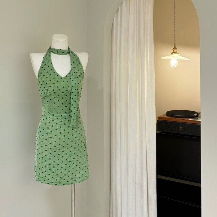 French Retro Green Polka Dot V-neck Halterneck Ribbon Dress Waist Slimming Holiday Skirt Wais