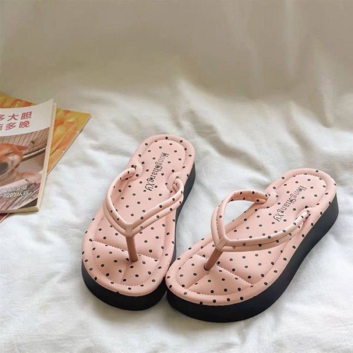 Dép xỏ ngón đế dày chấm bi xinh xắn cho nữ mùa hè nhẹ, đế mềm, mang hàng ngày, chống trơn trượ